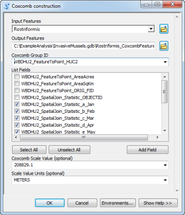 Dialog box showing the coxcomb scale value of 208829.1 meters