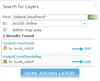 Searching for layers to add to the map