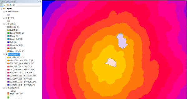 Source and Destination layers displayed on top of the cost distance layer