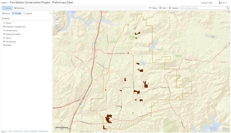 The web map displays the existing fire stations and candidate sites