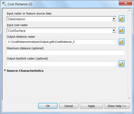 Second Cost Distance tool dialog box with input parameters specified