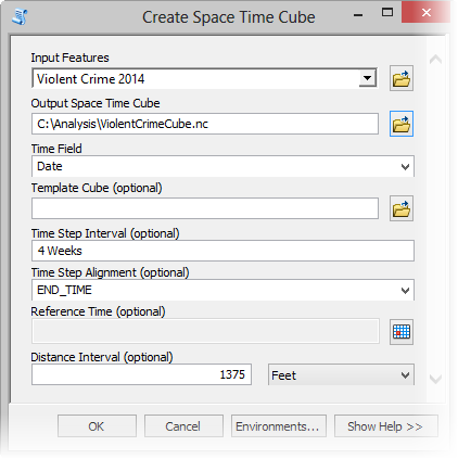 Create Space Time Cube tool parameter settings