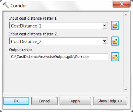 Corridor tool dialog box with input parameters specified