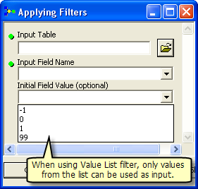 Value list filter in model tool dialog