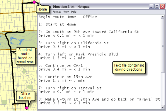 Example output from Calculate Shortest Route task