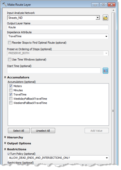 Make Route Layer tool dialog box settings