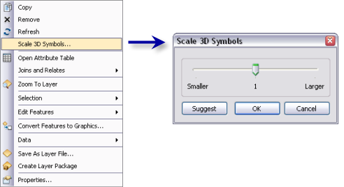 Scale 3D symbols in ArcScene using on-the-fly feedback from the Scale 3D Symbols dialog box.