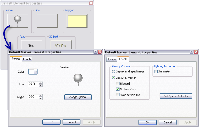 The Default Element Properties for a marker graphic element showing the Symbol tab and Effects tab settings.