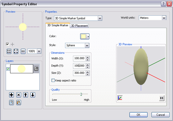 Creating a prolate spheroid by manipulating the width, depth, and size of a sphere in the Symbol Property Editor.