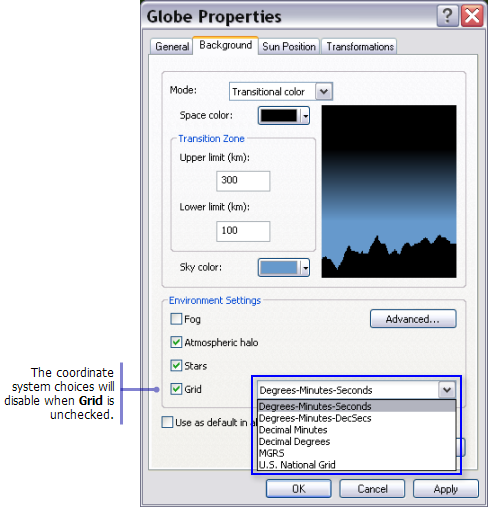 ArcGlobe Properties dialog box for background display settings