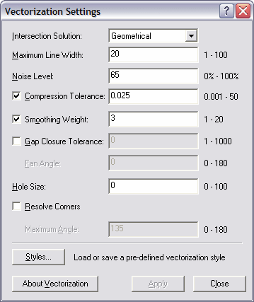 Vectorization settings dialog box