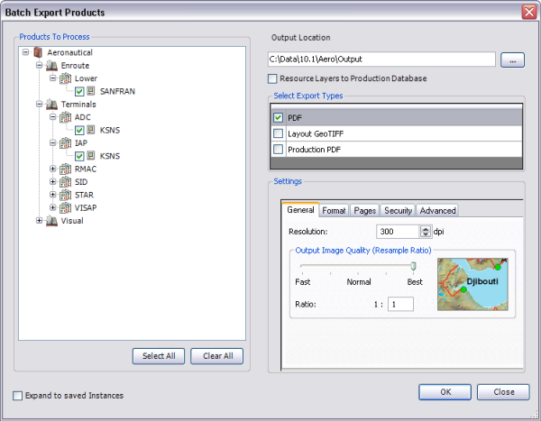 Batch Export dialog box configured to export to PDF