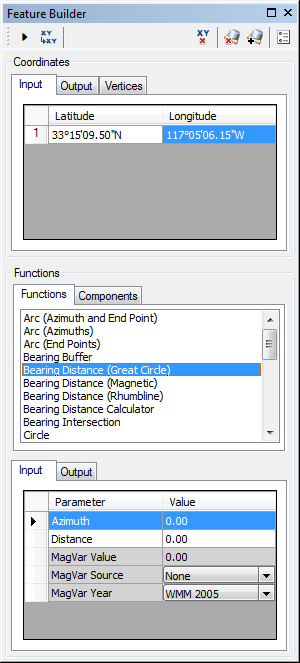 Feature Builder window when the Bearing Distance (Great Circle) function is selected