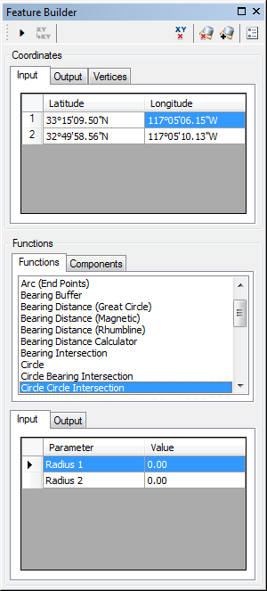 Feature Builder window with the Circle Circle Intersection function selected