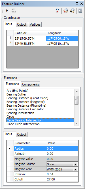 Feature Builder window with the Circle Bearing Intersection function selected