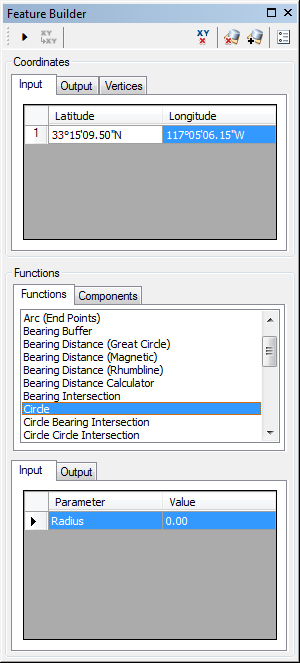 Feature Builder window when the Circle function is selected
