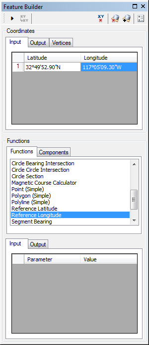 Feature Builder window with the Reference Longitude function selected