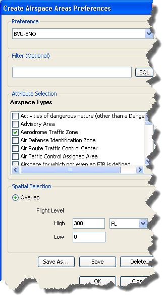 The Create Airspace Areas Preferences dialog box