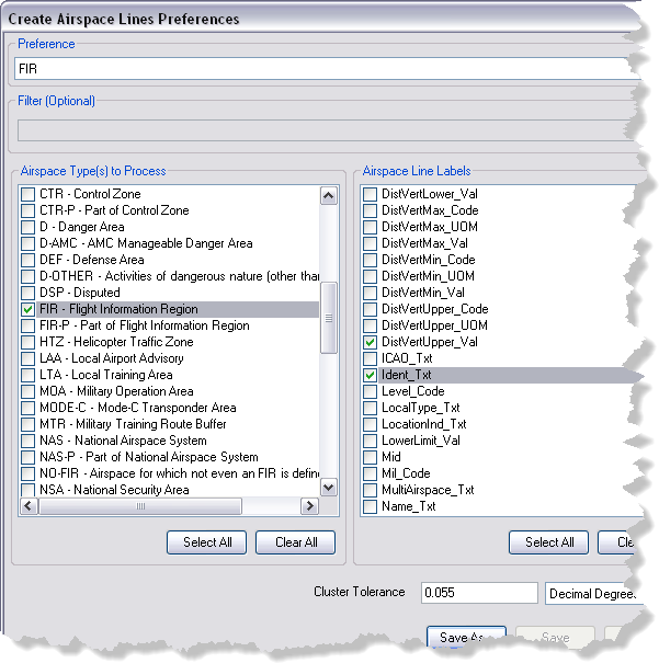 The Create Airspace Lines Preferences dialog box