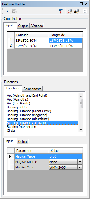 Feature Builder window with the Bearing Distance Calculator function selected