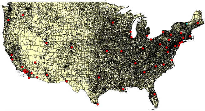 The result of an example of clustering by spatial locations
