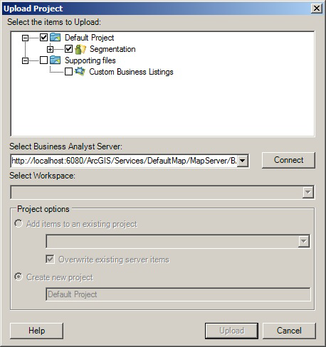 Business Analyst Server select project to upload