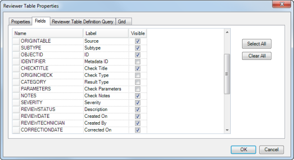 Fields tab on the Reviewer Table Properties dialog box