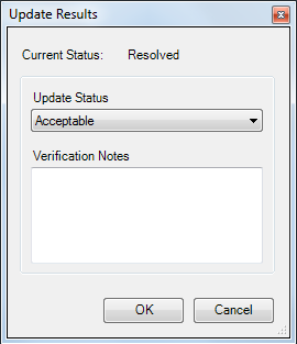 Update Results dialog box for verification