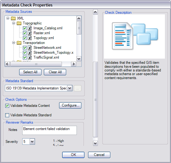 The Metadata Check Properties dialog box with the validation options to use for validating metadata content