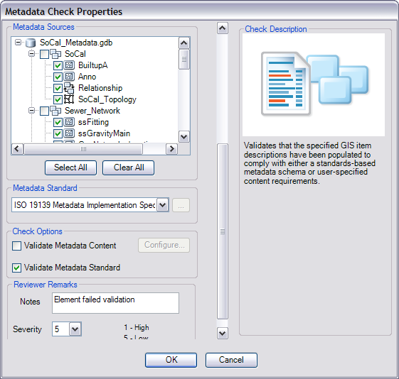 The Metadata Check Properties dialog box with source selected