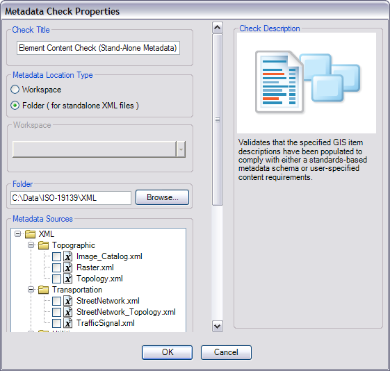 The Metadata Check Properties dialog box with a path to stand-alone documents to validate