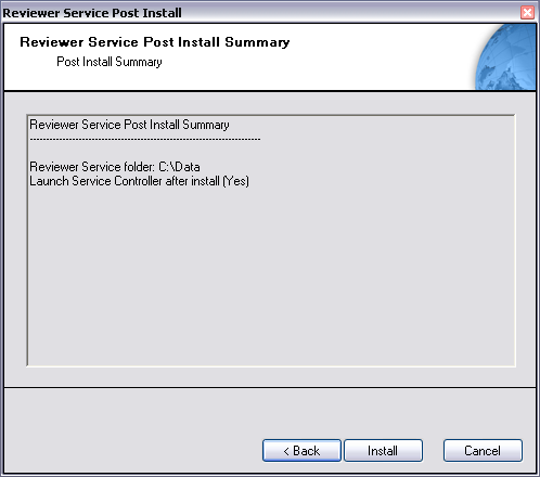 Reviewer Service Post Install Summary dialog box