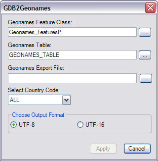 GDB2Geonames dialog box