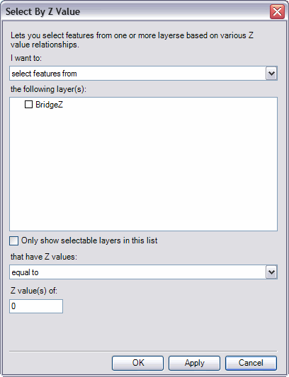 Select By Z Value dialog box