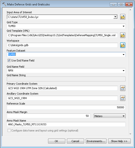 Make Defense Grids and Graticules dialog box with a single-zone grid XML file loaded