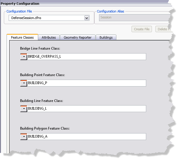 Feature Classes tab on the Property Configuration dialog box