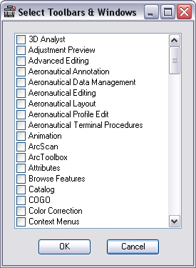 Select Toolbars & Windows dialog box