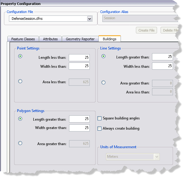 Buildings tab on the Property Configuration dialog box