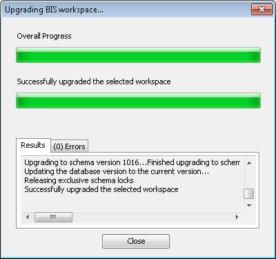 Upgrading BIS workspace dialog box