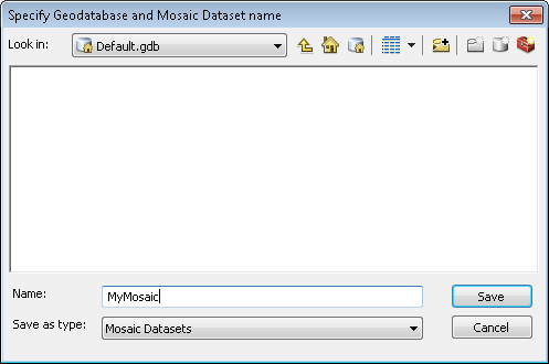 Specify Geodatabase and Mosaic Dataset name dialog box