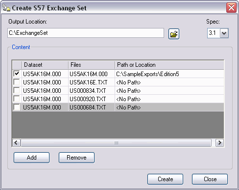 Create S57 Exchange Set dialog box