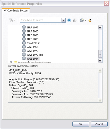 Spatial Reference Properties dialog box with WGS84 selected