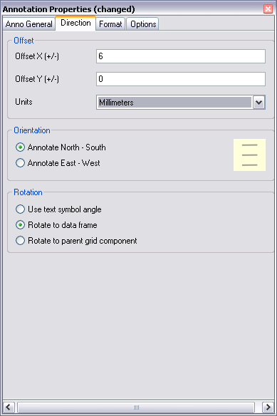 Direction tab in Grids and Graticules Designer Annotation Properties dialog box for non-north-up grid