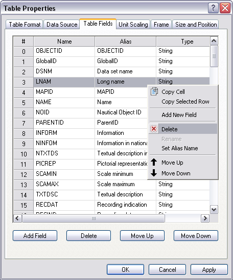 Table Fields tab context menu