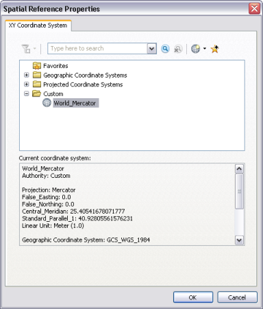 Spatial Reference Properties dialog box with World Mercator selected