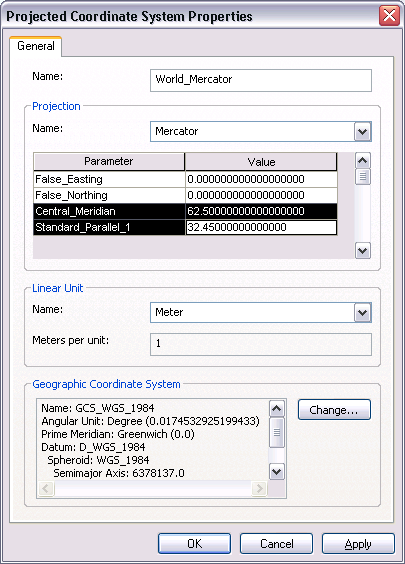Projected Coordinate System Properties dialog box
