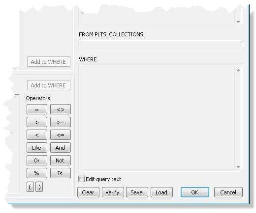 PLTS_COLLECTIONS table on the Query Builder dialog box