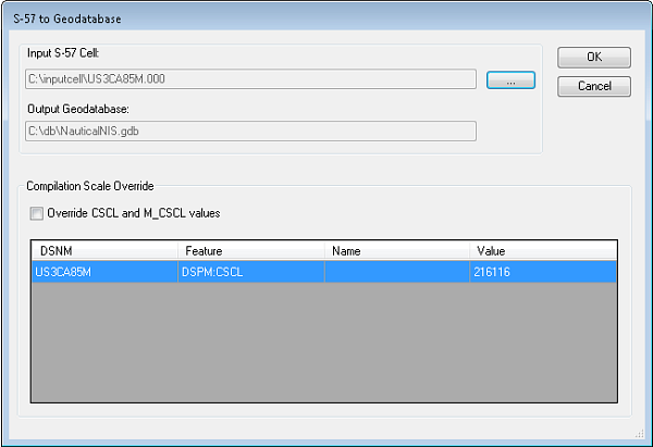 S-57 to Geodatabase dialog box for importing into an NIS database