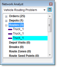Three route objects in the Network Analyst window
