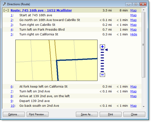 The Directions window displaying an inset map of a maneuver